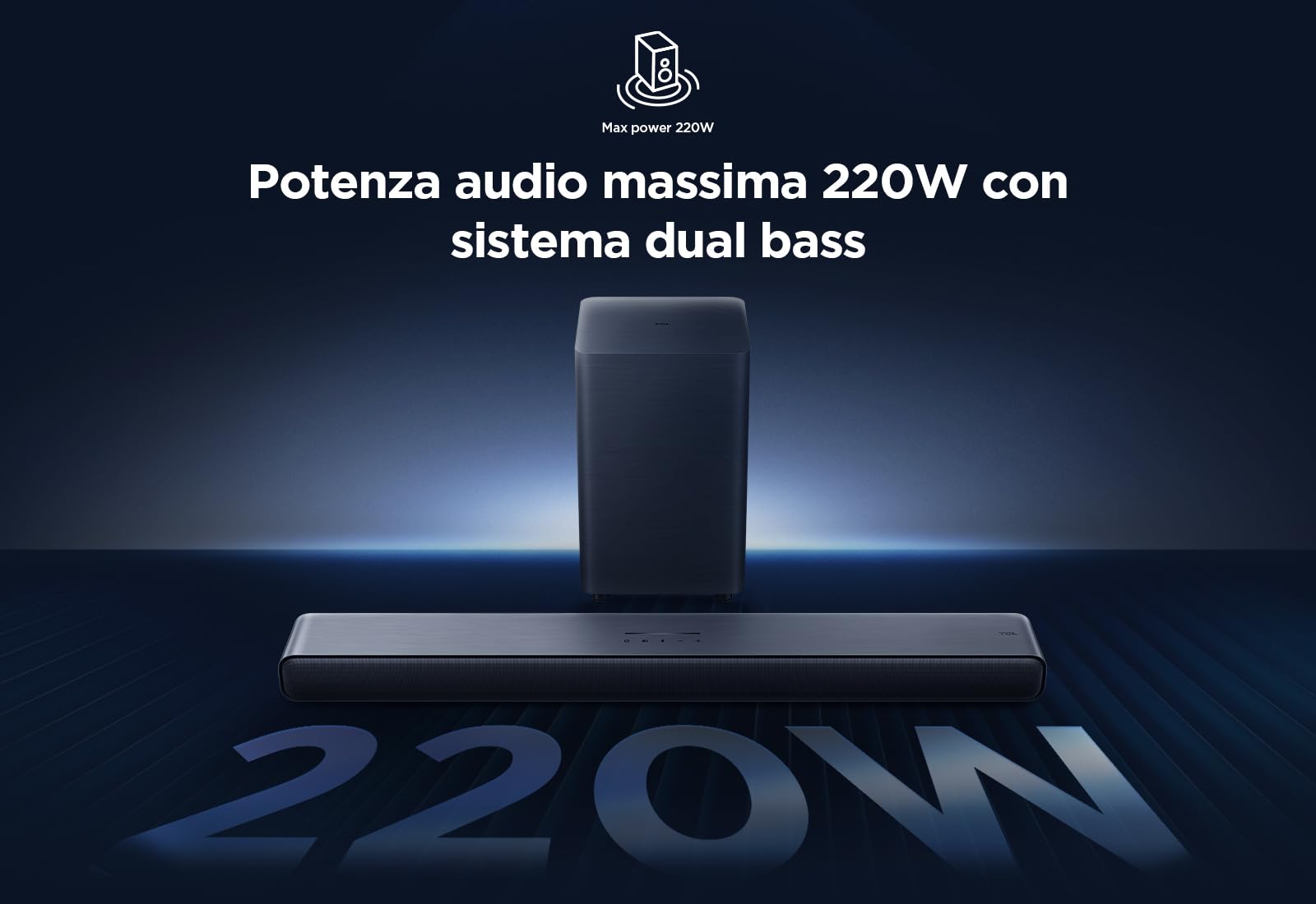 TCL S55HE Soundbar 2.1 220W Dolby Atmos DTS Virtual:X wireless subwoofer Bluetooth 5.3 HDMI eARC