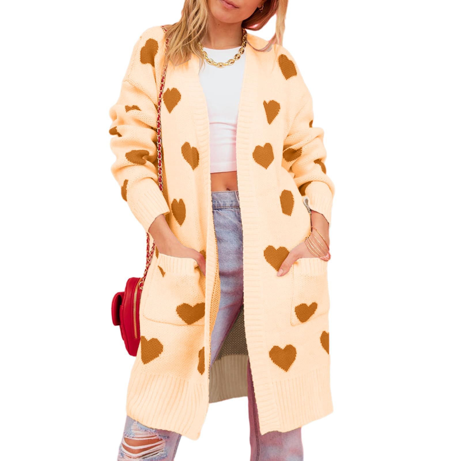 Valentine Long Sweater Cardigan Women Knit Open Front Cardigan with Pockets Heart Print Oversized Cardigans Sweaters