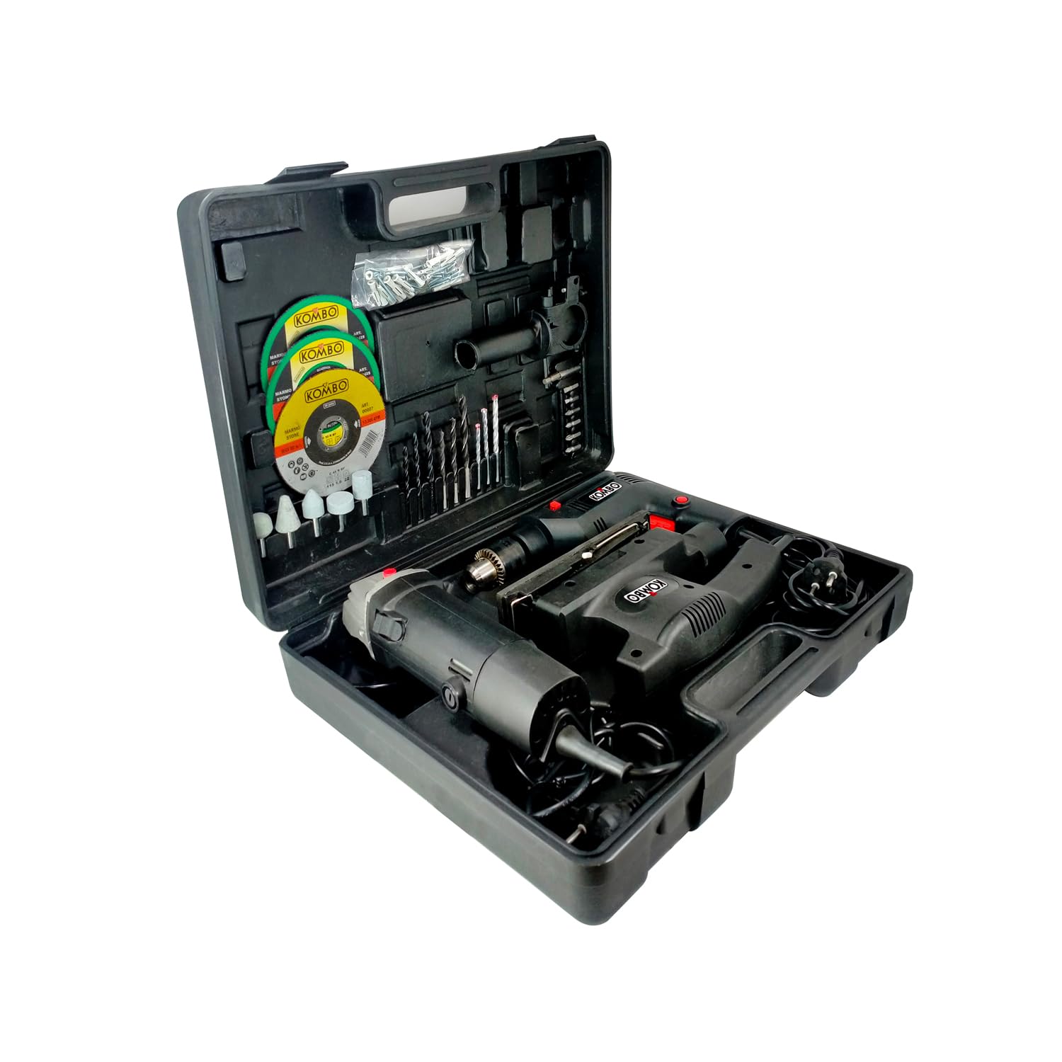 Kit Trapano Avvitatore 500W, Smerigliatrice 500W e Levigatrice 135W - Set Elettroutensili Completo con Valigetta e 50 Accessori per Lavori Fai da Te e Bricolage