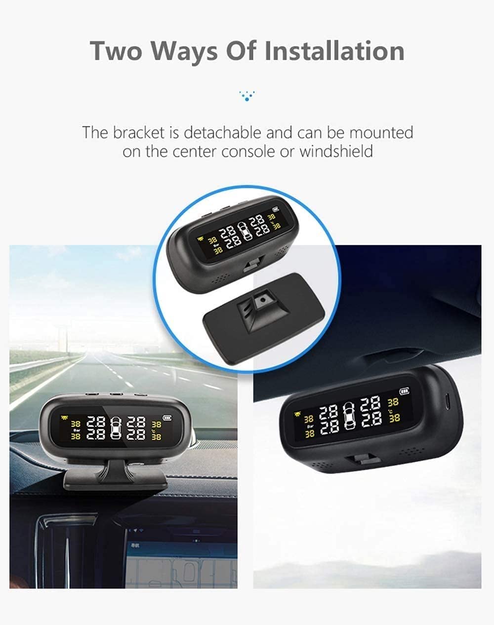 Tire Pressure Sensor Tire Pressure Monitoring System TPMS Solar Tire Pressure Monitor 6 Alarm Modes Flexible Charging Method with 4 External Sensors Car Tire Real-Time Wireless Auto Alarm System