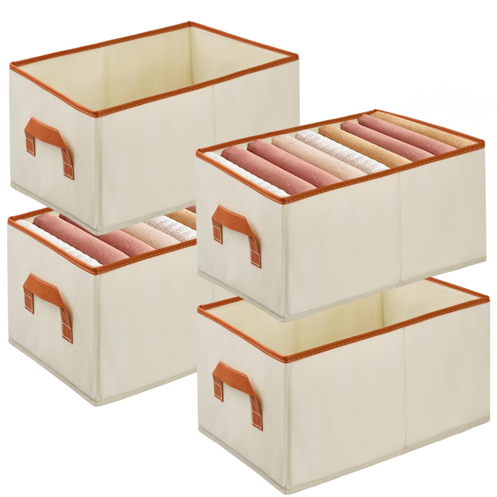 Focenat 4 Piezas Organizador Armario Ropa, Cajas de Almacenamiento Plegables, Ahorra Espacio, Organizadores de Armario con Asa, Almacenamiento para Ropa, Libros, Juguetes (Beige, 44 x 25 x 20 cm)