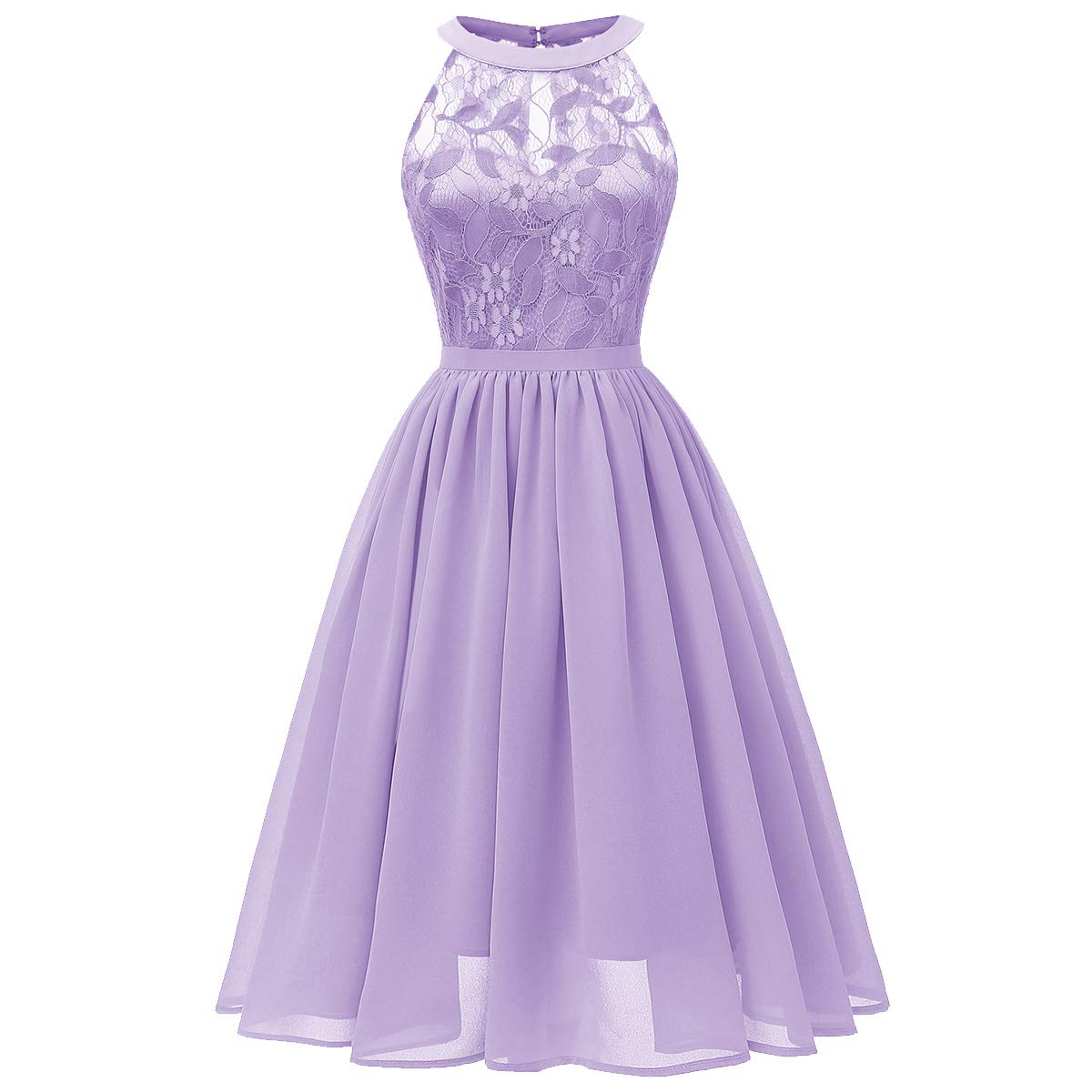 Photo 1 of Women's Sleeveless Halter Illusion Neck Floral Lace Formal Dress Vintage 50s 60s Retro Backless Wedding Bridesmaid Cocktail Party Prom Chiffon Pleated A Line Midi Dresses Purple Small