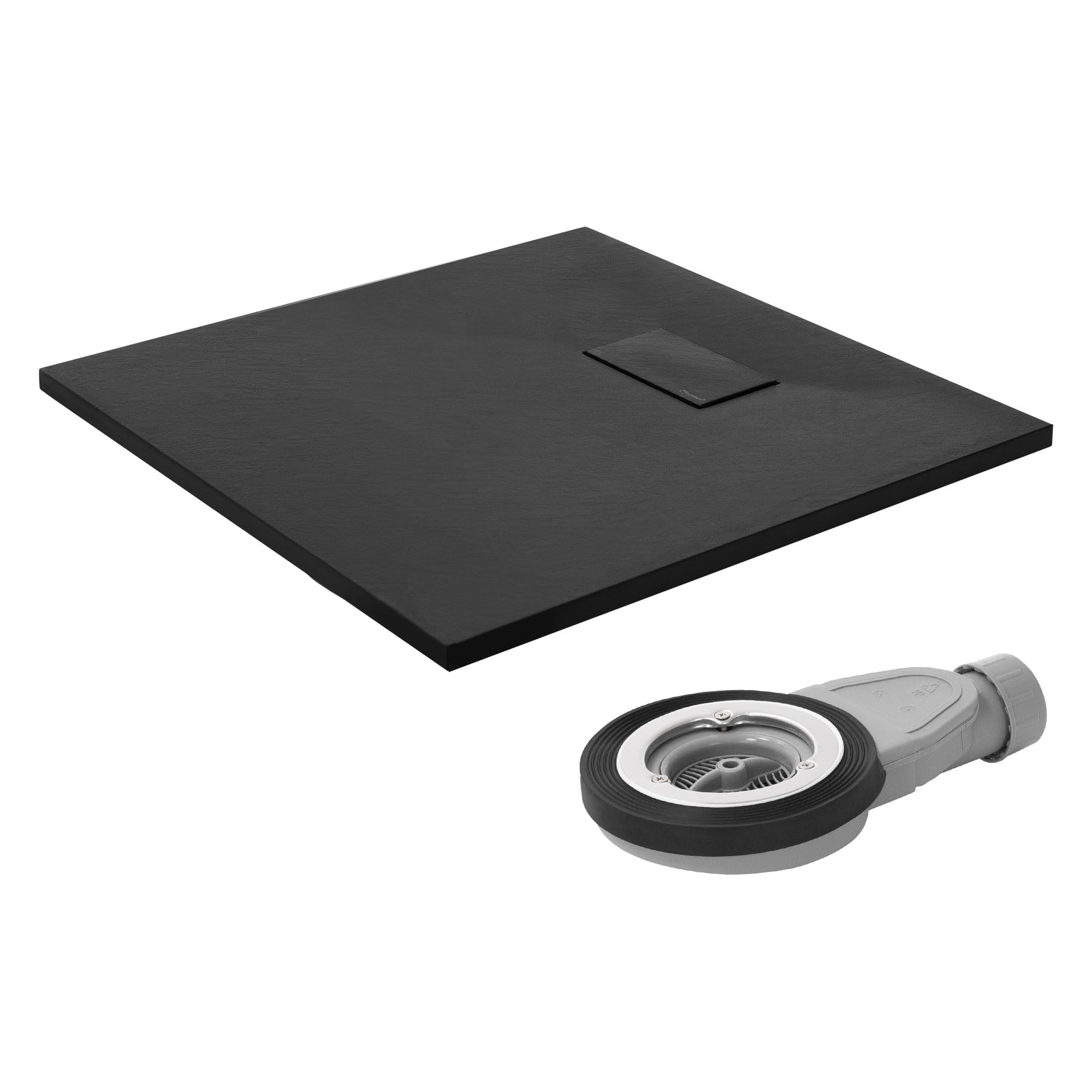 LuxeBath Plato de Ducha 80x80cm Negro, con Juego de Desagüe Base Rectangular con Superficie Antideslizante y Antibacteriano en Aspecto Pizarra Altura 30 mm SMC Extraplano y Robusto, Fácil Instalación