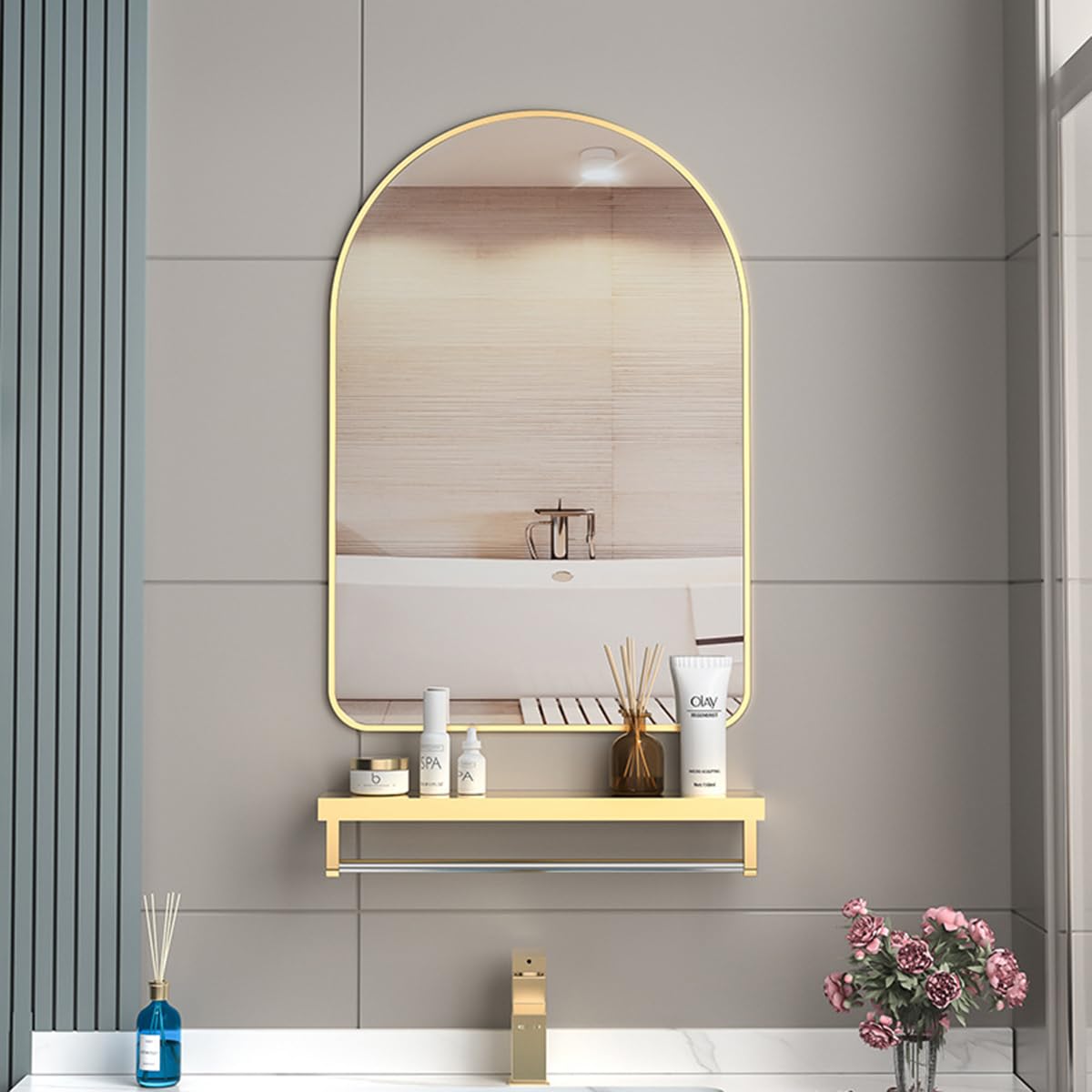 NILoykg& Bathroom Mirror With shelf,Metal Deep Frame Wall Mirror, Modern Elliptical shape HD Vanity Mirror,Suitable for Bathroom, Bedroom, Living Room Decorative Mirror,gold+shelf,40x50cm