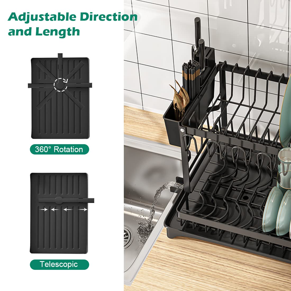 Escurridor de platos de 2 niveles, vajilla inoxidable duradera de gran capacidad con bandeja de goteo, soporte de utensilios, tabla de cortar para encimera o fregadero de cocina (negro)