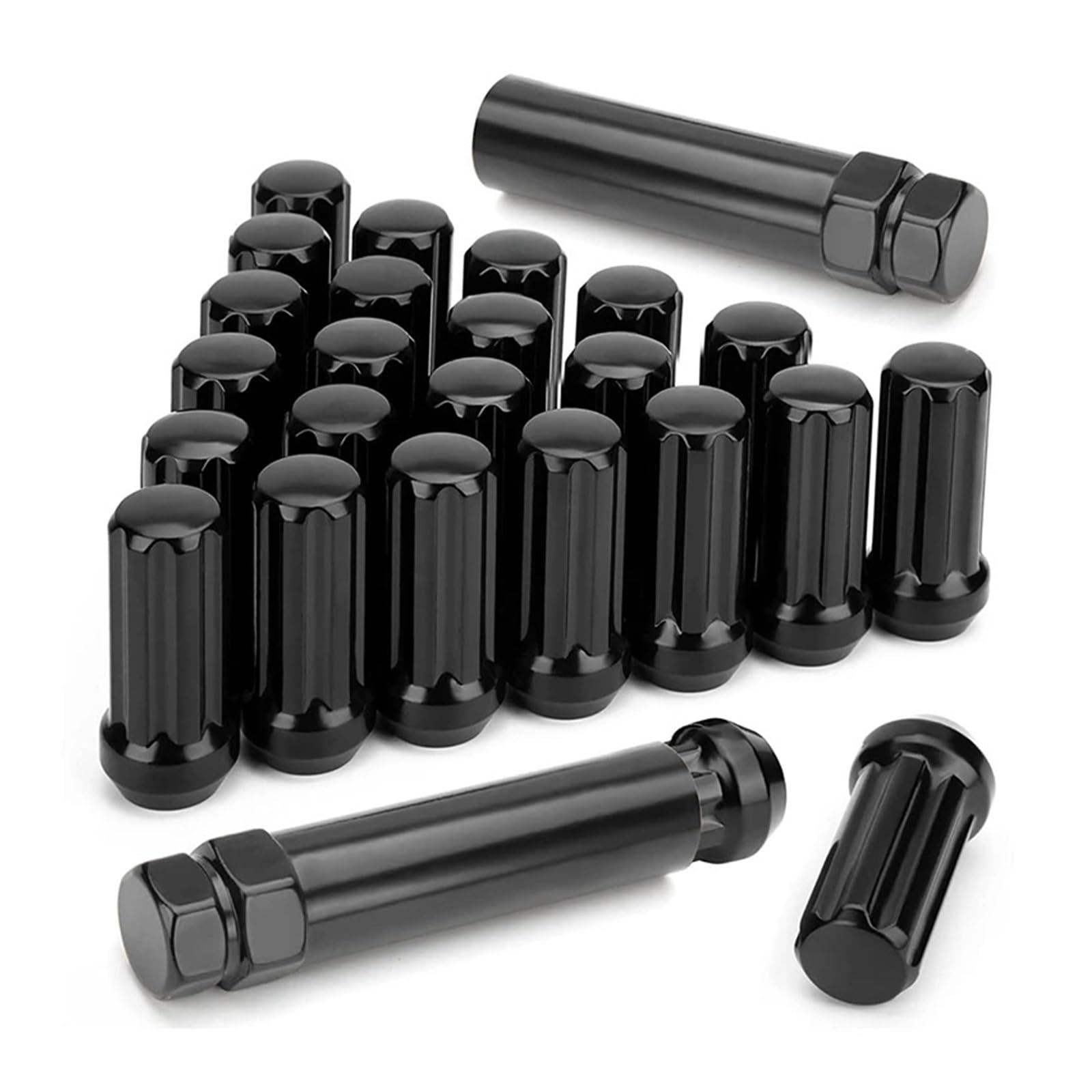 Écrous de roue M14 x 1,5, 24 pièces, 14 mm x 1,5, 7 cannelures, cône borgne, 5 cm de long, noirs, avec 2 clés à douille.