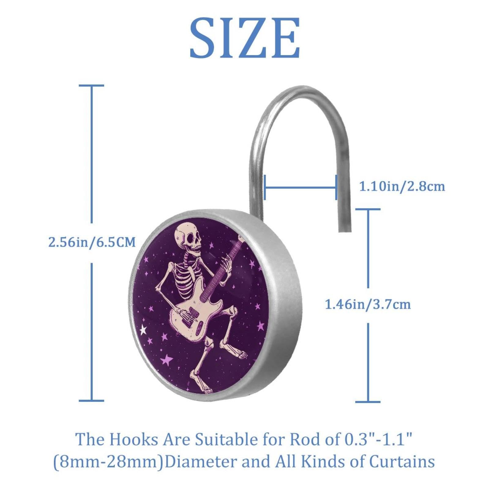 12pcs Glass Shower Curtain Hooks, Rust Resistant Decorative Shower Rings for Bathroom Living Room,Stainless Steel Hooks for Shower Curtain and Liner Rods (Purple Guitar Skeleton)