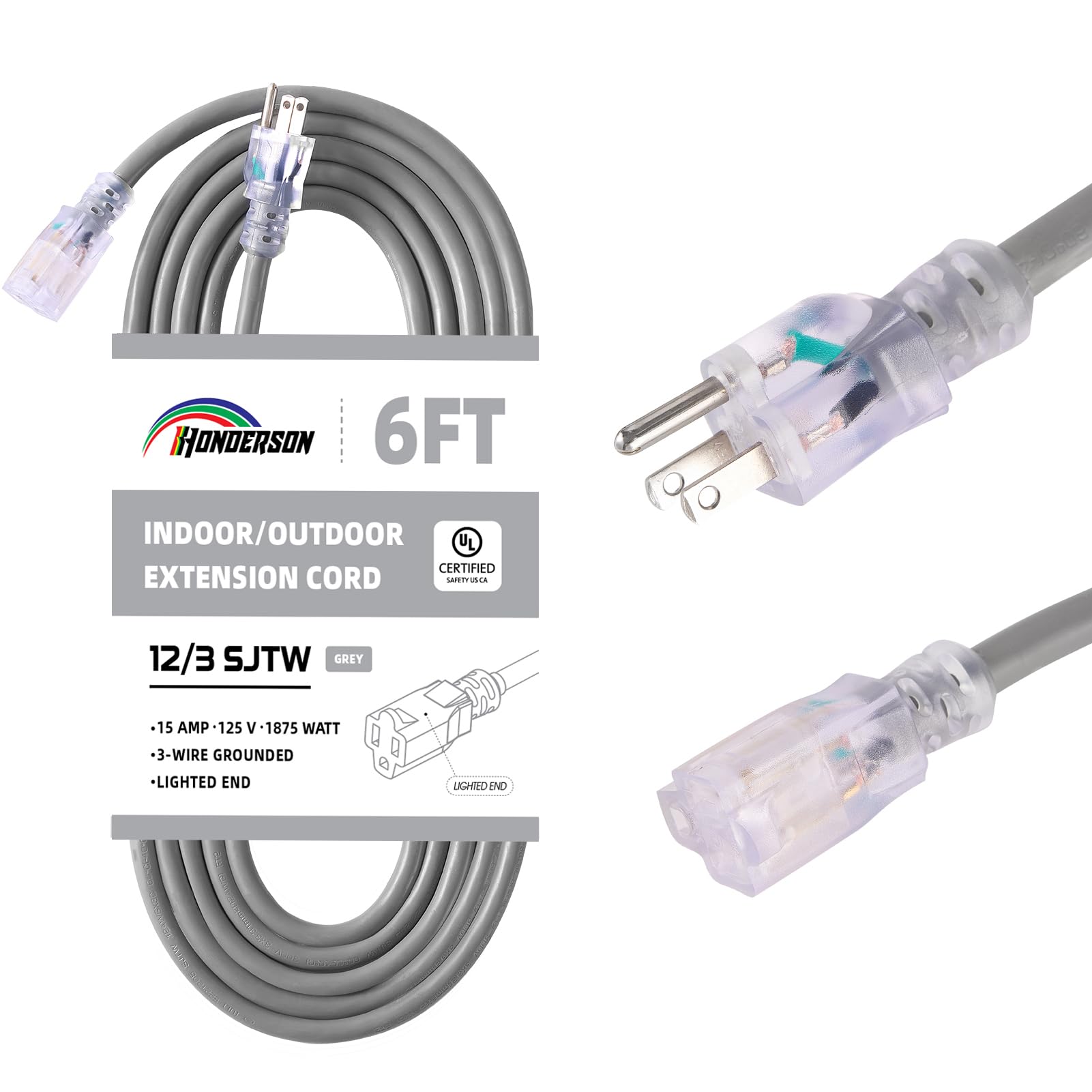HONDERSON Indoor Outdoor Extension Cord Weatherproof with Lighted End, UL Listed, 12 Gauge 6FT Grey 3 Prong Heavy Duty, 12/3 SJTW 15A Power Cord for