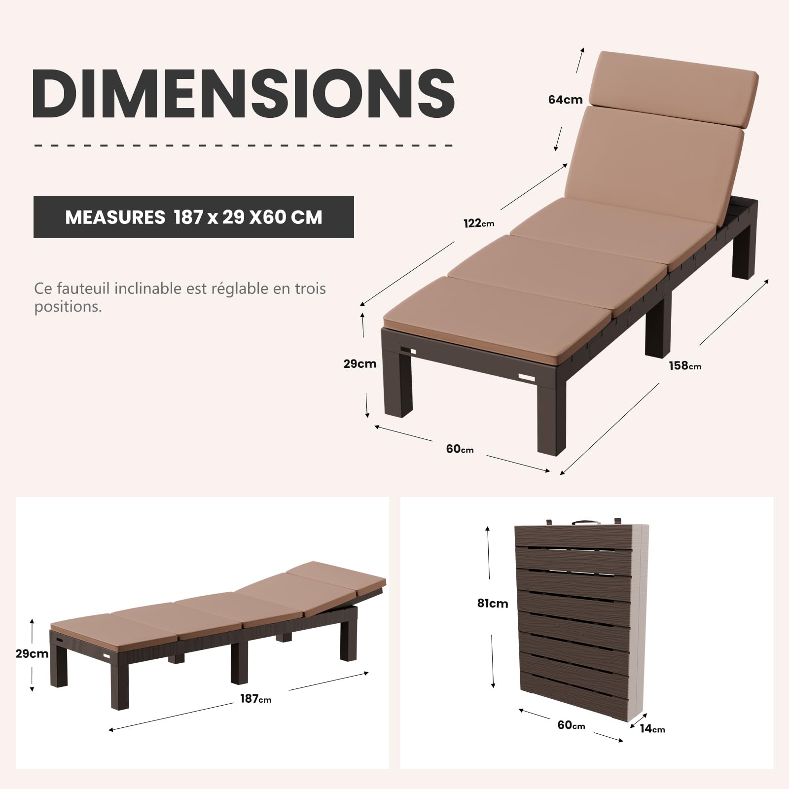 Luxirest Set di 2 Lettini Prendisole, Chaise Longue da Giardino per Esterno – Schienale Regolabile – con Cuscino – Marrone
