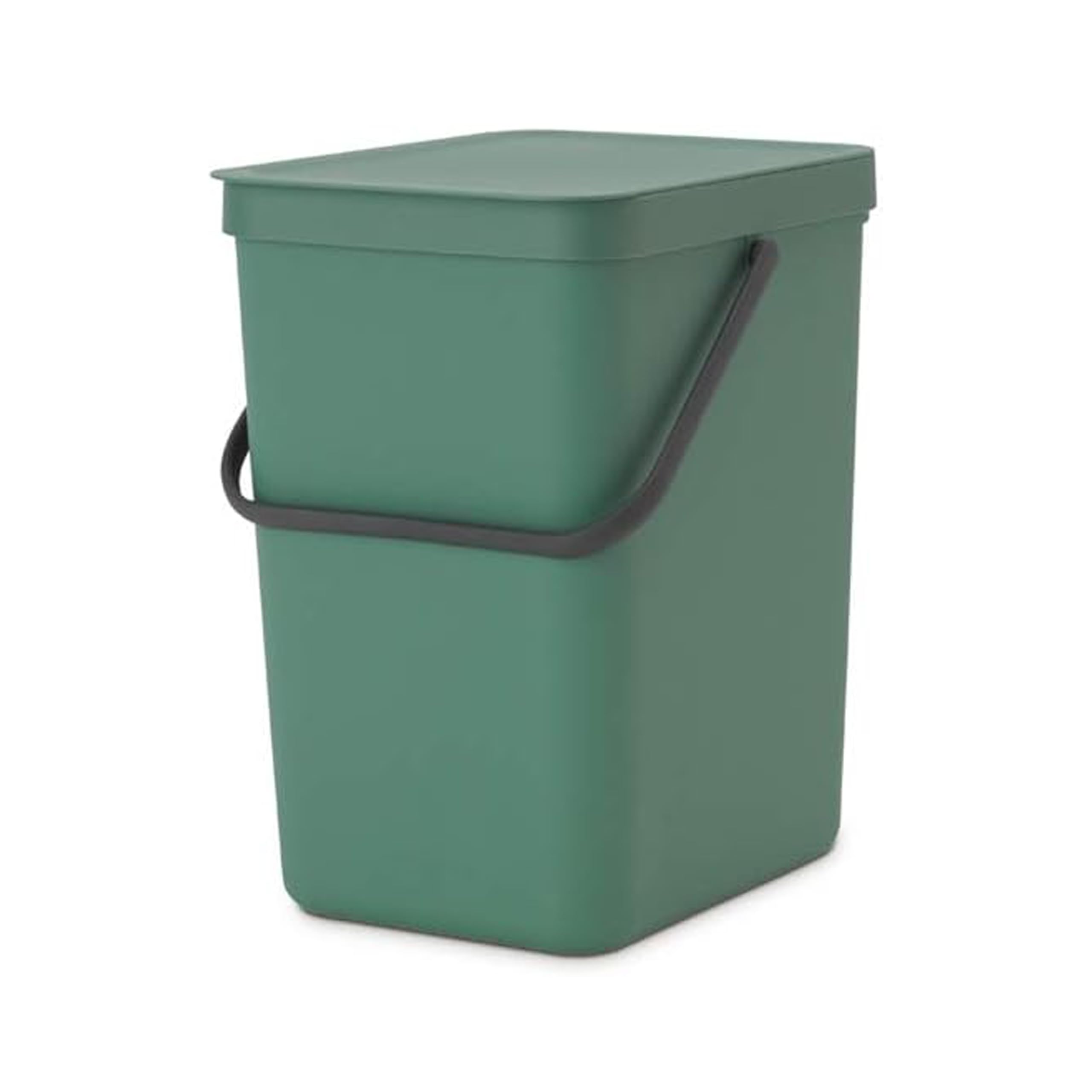 Brabantia Sort & Go Abfalleimer mit Deckel 25 L (dunkelgrün), platzsparender Pfandsammler mit Griff, abnehmbarer, feststellbarer Deckel, leicht zu reinigender großer Mülleimer ohne Ecken und Ränder