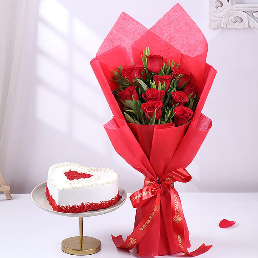 FlowerAura Fresh Live 10 Red Rose Flower Bouquet With Yummy Fresh 500g Red Velvet Cake | Gift For Birthday | Gift For Anniversary | Gift For Valentine's Day | Gift For Mother's Day (Same Day Delivery)-picture-12