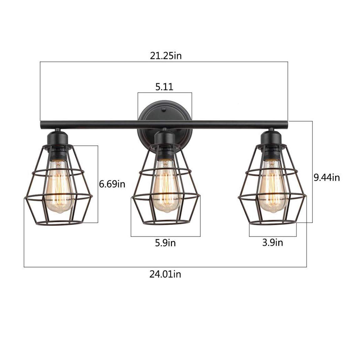 MOCHAMIK Vintage Industrial Black Finish Vanity 3 Oprawa oświetleniowa z metalowym drucianym kloszem E27 Uchwyt lampy Kinkiet ścienny Oświetlenie do pokoju proszkowego Garderoba Przedpokój do sypialni