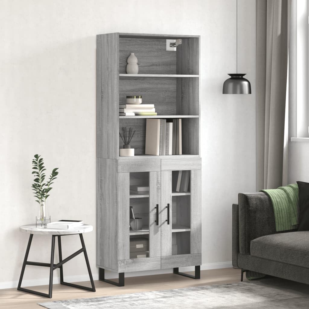 Witrynka szary dąb sonoma 69,5x34x180cm materiał drewnopochodny wysoka szafka do salonu z drzwiami i półkami meble do przechowywania antypoślizgowe nóżki metalowe nowoczesna witryna