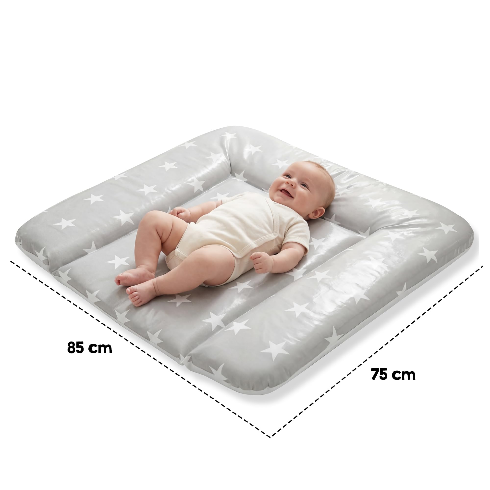 roba Colchón Cambiador Bebe Impermeable 85 x 75 cm - Little Stars - Borde Elevado - Superficie sin Ftalatos - Estampado de Estrellas Blancas sobre Fondo Gris