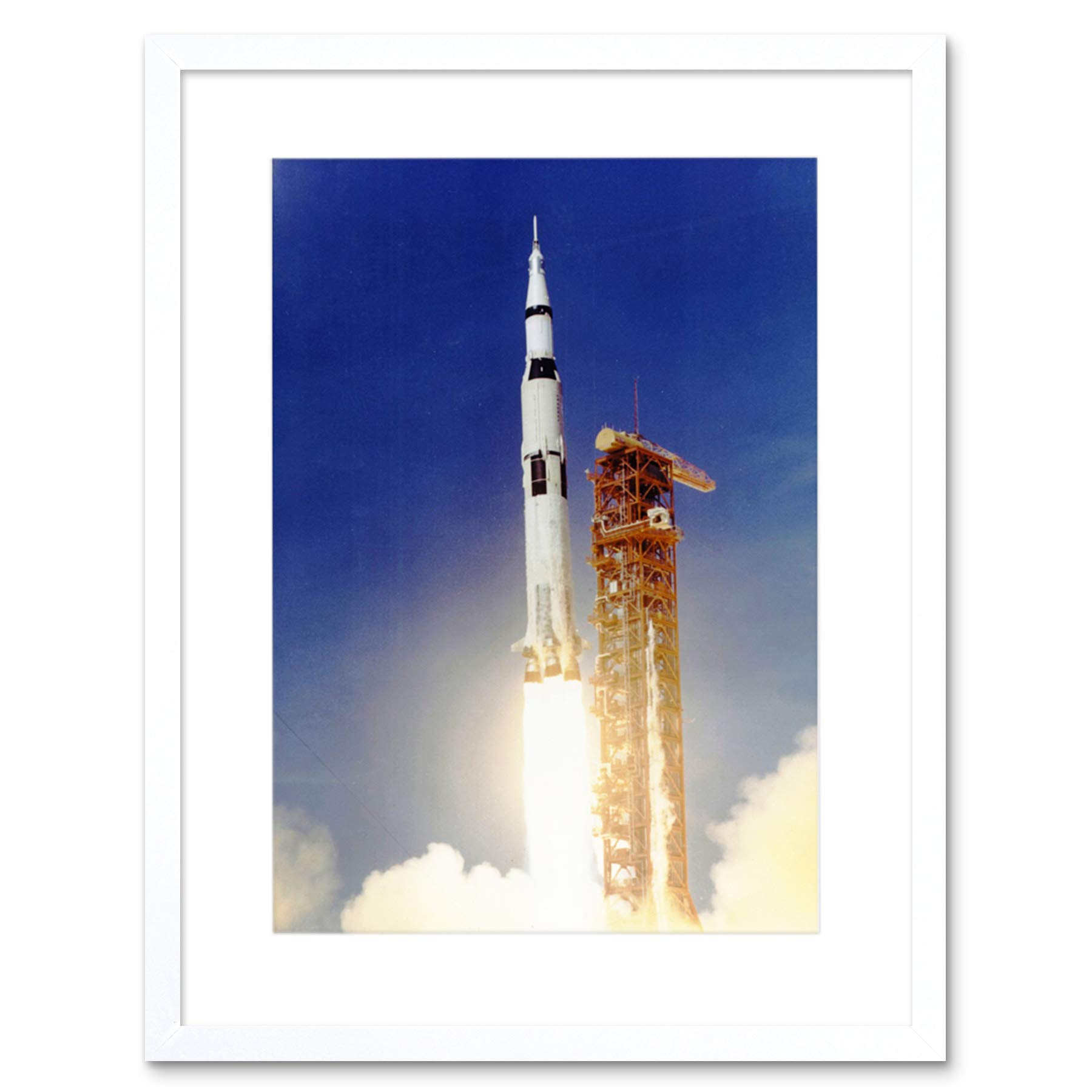 Wee Blue Coo Space Apollo 11 Launch Saturn V Rocket Blast Thrust Flame Cool Framed Wall Art Print
