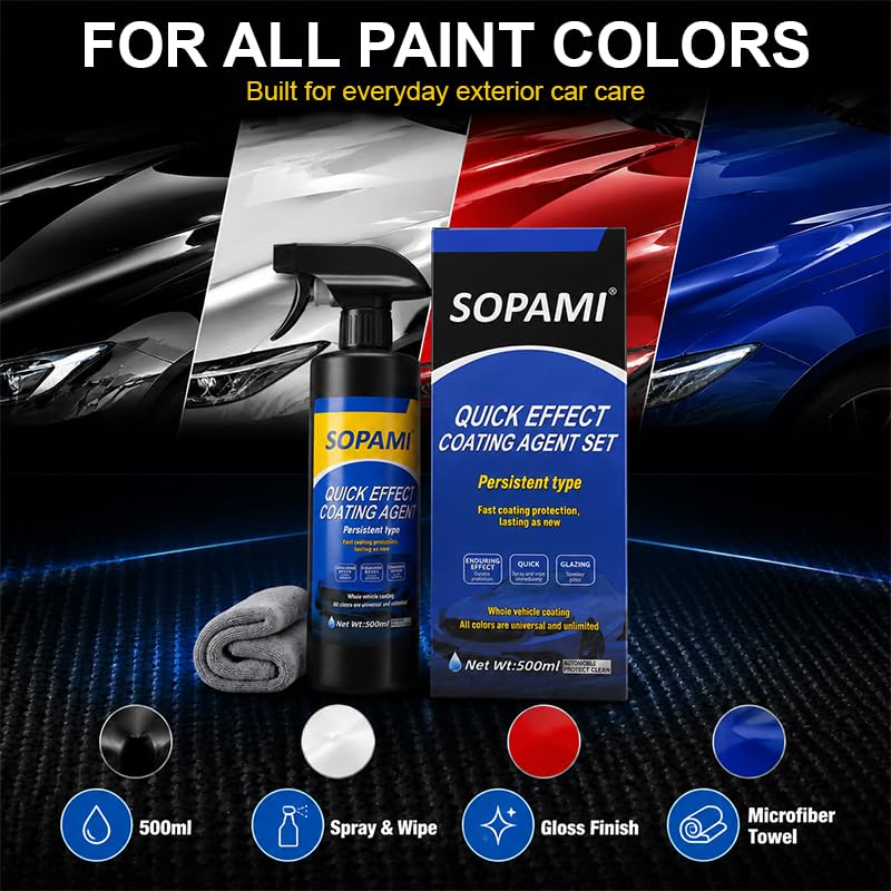 Sopami Spray de revestimiento de coche, agente de revestimiento de efecto rápido, capa rápida de cera de coche, spray de cera para arañazos de coche, lavado sin agua, limpiador de vidrio de emulsión