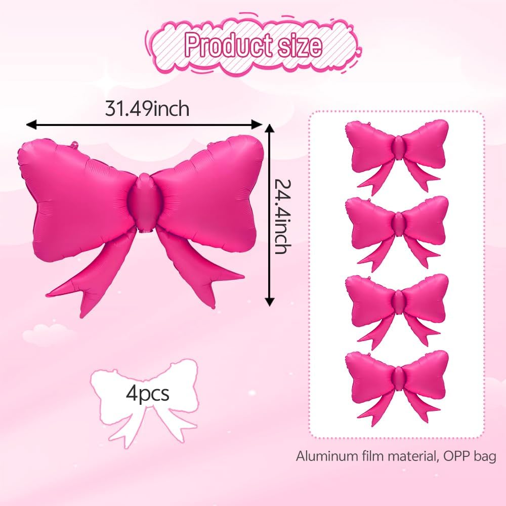 4pcs Jumbo Oversized Ribbon Balloons Coquette Bow Balloons Bow Party Coquette Party Decorations for Birthday Baby Shower Bridal Shower Supplies (Matte Hot Pink)