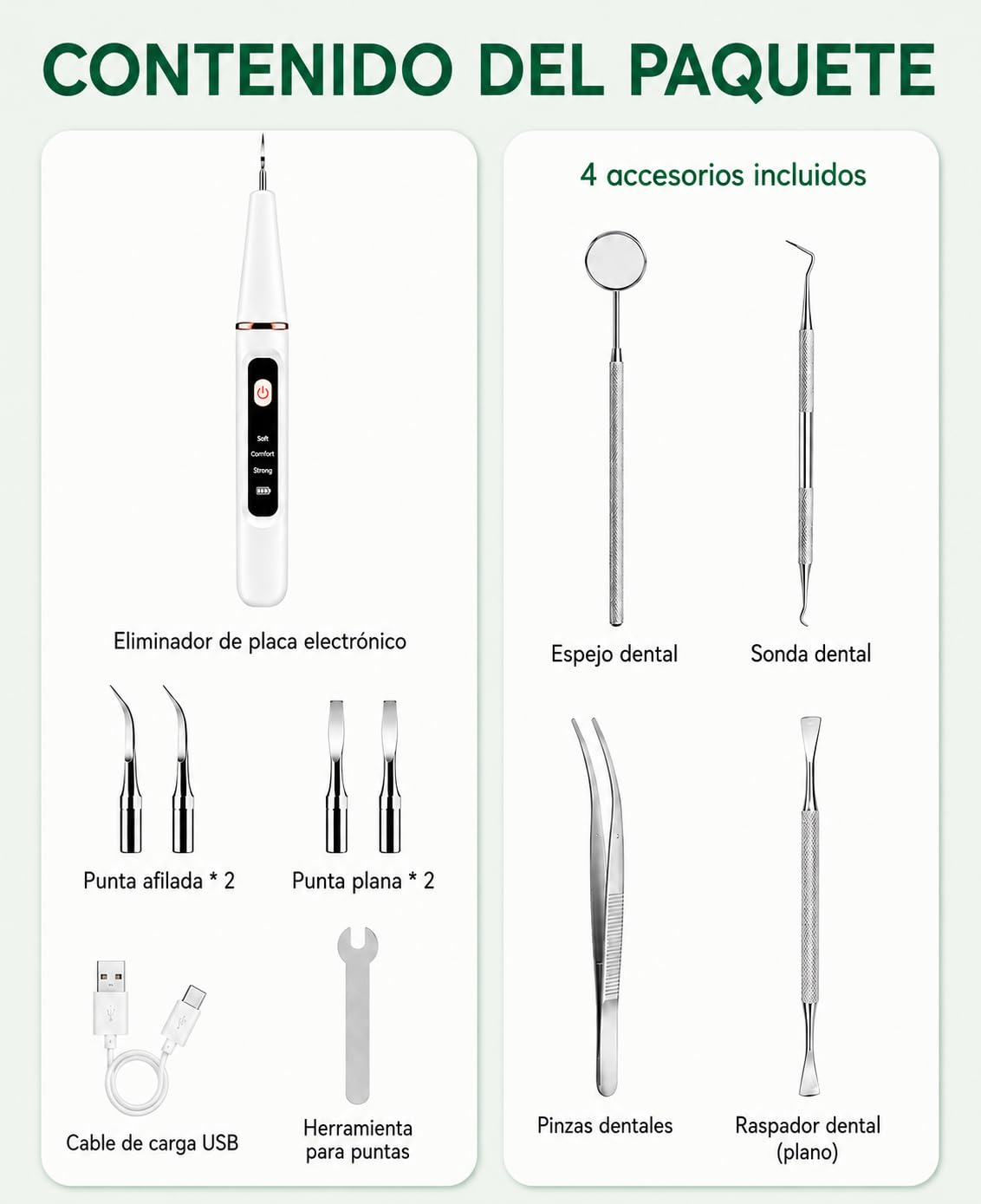 Kit Garaldentist De Limpieza Dental Para Sarro, Cepillo Dental Ultrasonico Portatil Para Limpieza Profunda, 2 Puntas Distintas, Con Luz Led, Ideal Para Tu Mascota