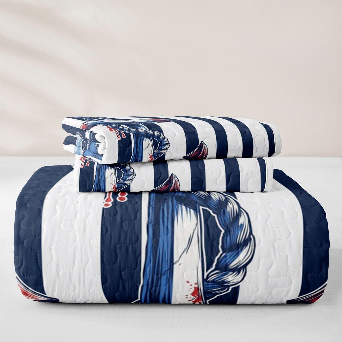 Homewish Nautical Anchor Quilt Set Queen Size,Navy Striped Bedding Set 3Pcs for Girls Boys Youth Room Decor,Ocean Wave Texture Quilted Bedspread Geometric Line Art Coverlet,2 Pillow Shams
