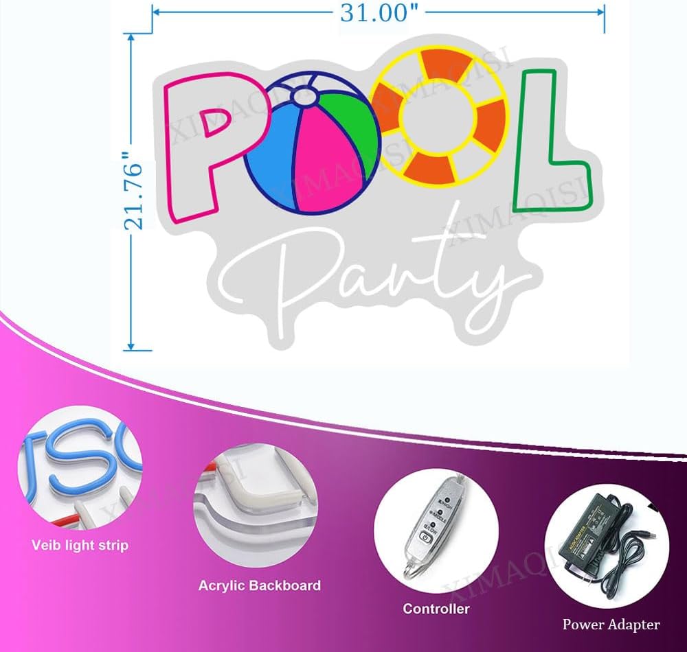 Summer Pool Party Neon Sign, Custom Large Party Led Light Sign, Swimming Pool LED Neon Sign, Pool Party Neon Signs, Personalization Pool Bar Home Neon Lights Sign.Size:31inches
