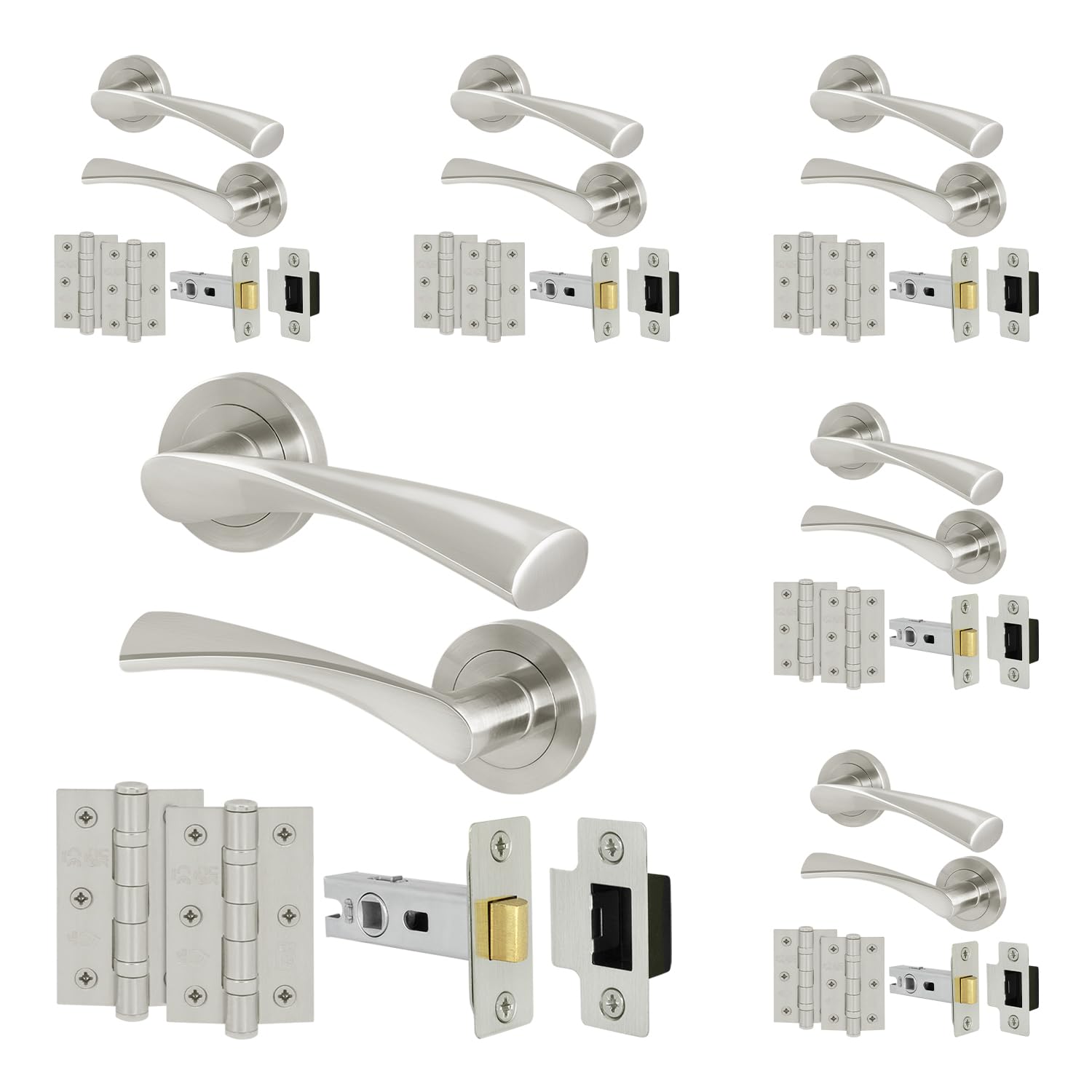 EAI Satin Nickel Door Handles with Latches and Hinges, 6 Pack - Novoli