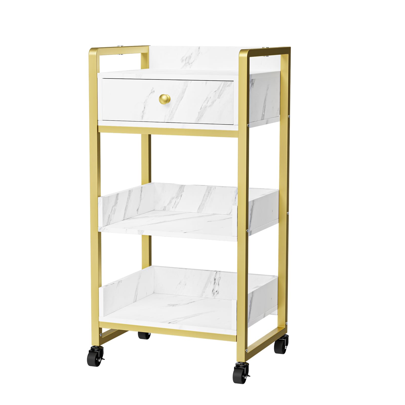 OmySalon Salon Trolley Cart with Wheels, Esthetician Cart with 1 Drawer & 2 Trays, Mobile Storage Organizer for Beauty Spa Massage Tattoo Esthetic Facial Tool Holder Station, White Marble