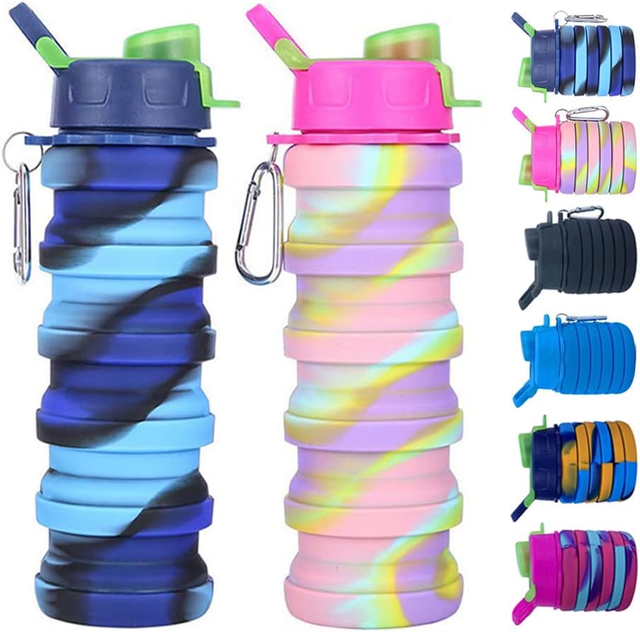Collapsible Water Bottles 2 Pack Silicone Water Bottle with Carabiner Expandable Water Bottle 500ml Portable Sport Water Bottle for Travel Camping.(Blue Camouflage+Pink Camouflage)