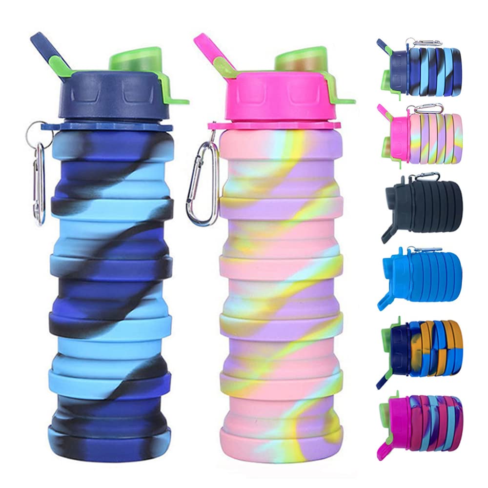 Collapsible Water Bottles 2 Pack Silicone Water Bottle with Carabiner Expandable Water Bottle 500ml Portable Sport Water Bottle for Travel Camping.(Blue Camouflage+Pink Camouflage)