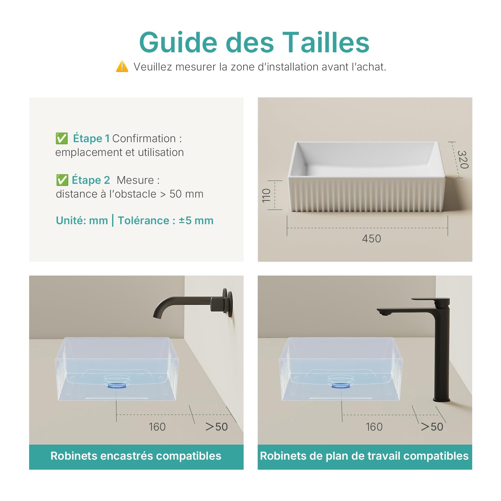 EMKE Lavabo à Poser rectangulaire 45,0 × 32,0 × 11,0 cm – Lavabo en céramique pour WC d'invités et Salle de Bain sans Trou de Robinet, Blanc (Angle Droit)