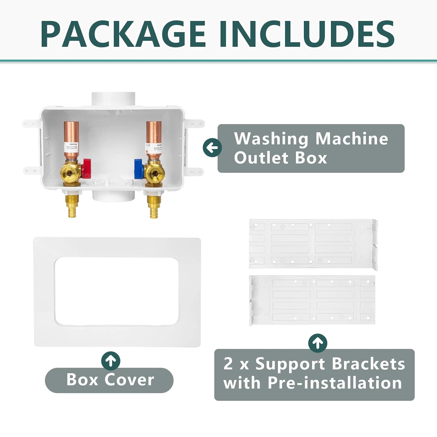 Washing Machine Outlet Box, Niikappu 1/2 Inch Pex Crimp Inlet x 3/4 Inch MHT Outlet Connection, Washer Box with Center Drain, with Copper Water Hammer Arrestor