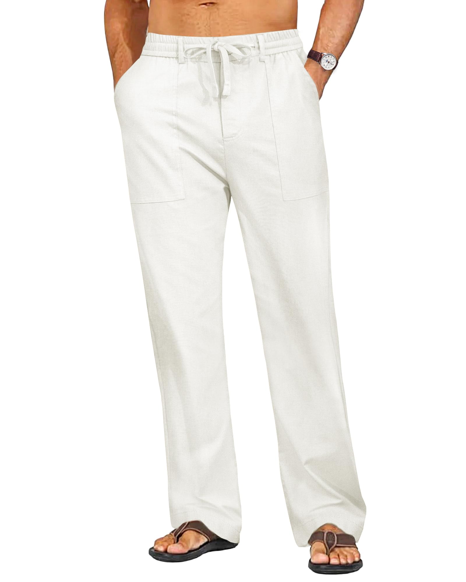 Mens Linen Pants Casual Elastic Waist Drawstring Pants Loose Straight Linen Pant Beach Trousers with 4 Pockets