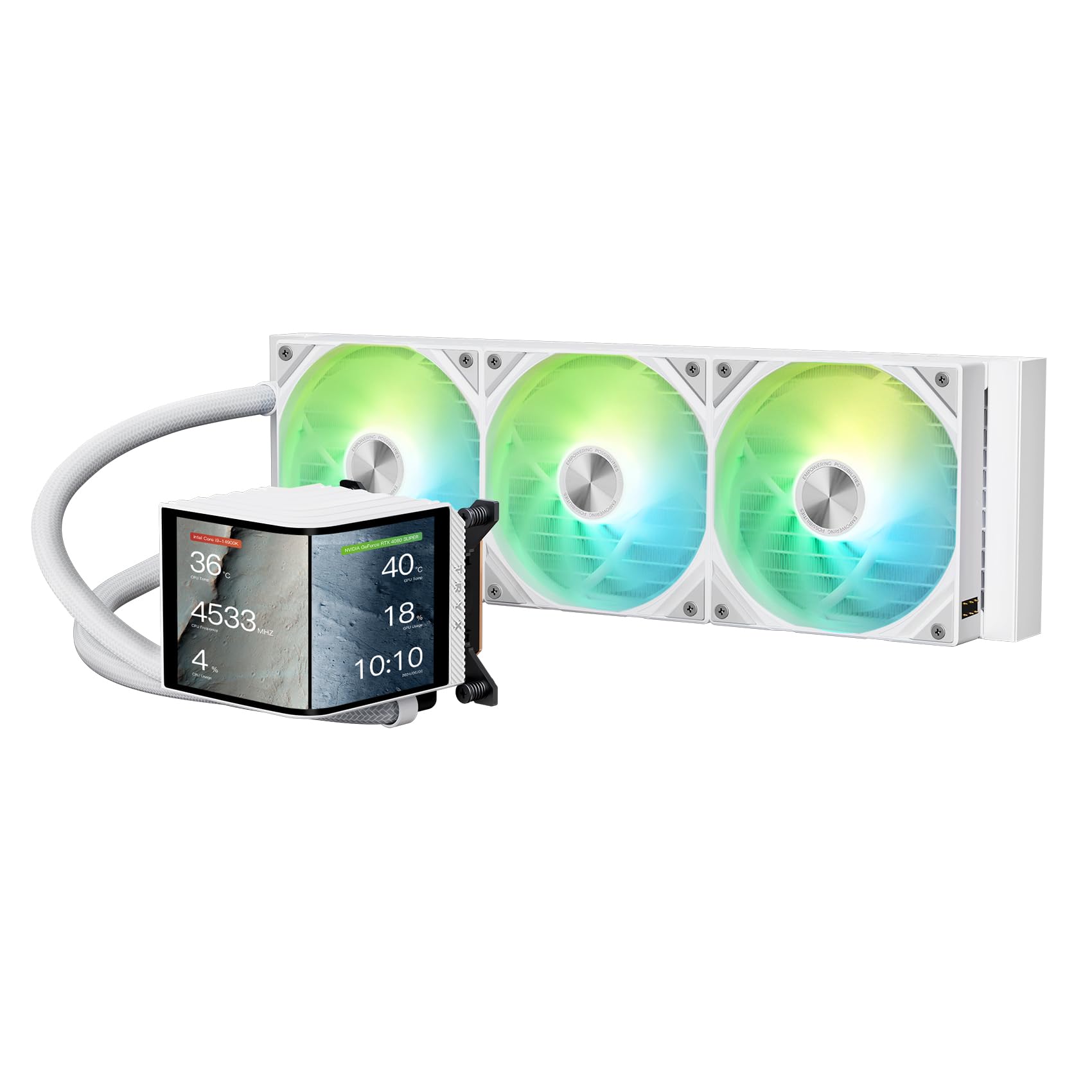 TRYX Panorama 360 ARGB White 360mm AIO 6.67'' AMOLED Curved Screen 3D Anamorphic Effect Customizable AIO Cooler 360mm Asetek 8th Gen V2 320w TDP Magnetic ARGB Fan Intel LGA 1851/1700 AMD AM5/AM4