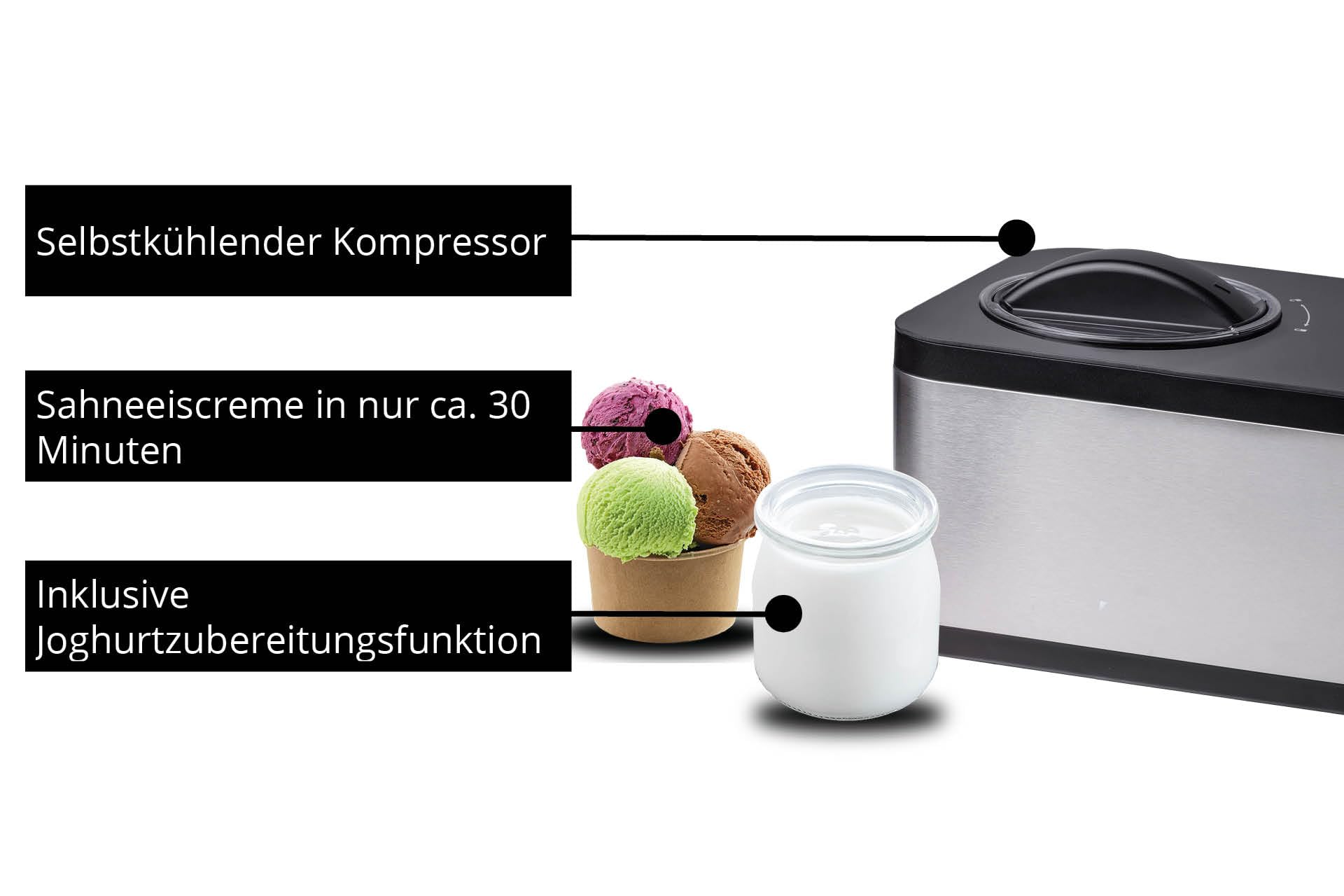 Unold 48826 Eismaschine & Joghurtbereiter EVA Compresseur pour sorbetière 1,5 L 120 W Noir, Acier Inoxydable