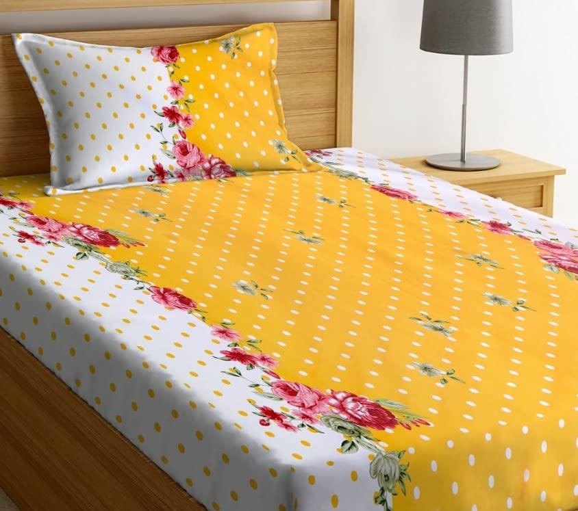 Image of NHD HOME Premium Glace Cotton 180 TC Flat Single Bedsheets for Summer Breathable | Wrinklefree (Size-60 X 90 Inch) with 1 Pillow Covers (Size-17 X 27 Inches, Floral, Yellow & White)