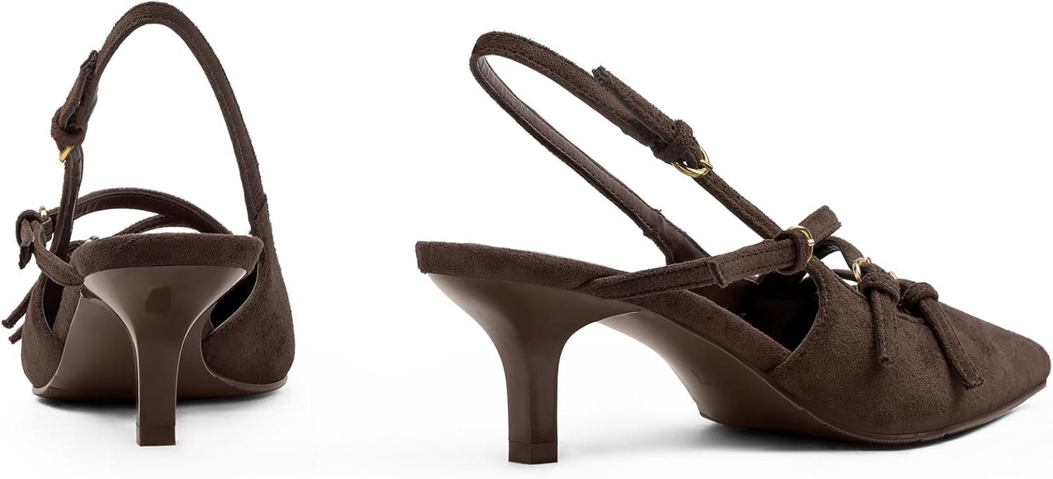 MUCCCUTE Brown Kitten Heels for Women Pointed Toe Slingback Low Heels with Buckle Strap Heeled Pumps US Size 8.5 - Image 7