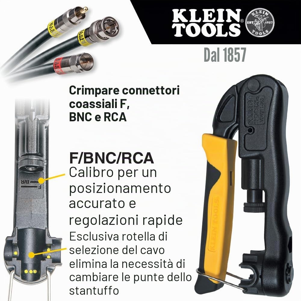 Klein Tools VDV211-063 - Crimpatrice a compressione, crimpatrice per cavi e crimpatrice coassiale, per interni ed esterni, colore: giallo