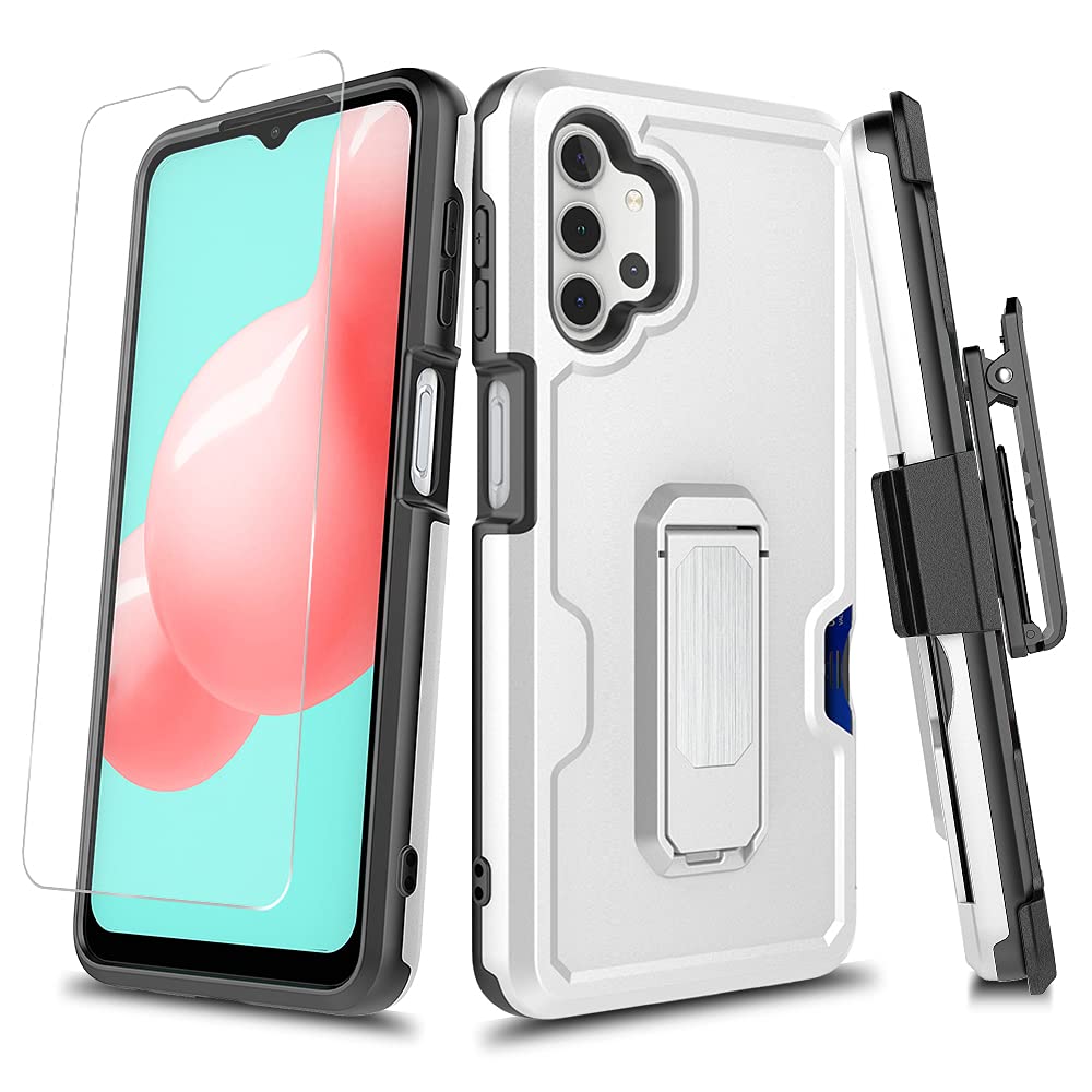Eclipse Legend Cases for Samsung Galaxy A32 5G with Tempered Glass Screen Protector and Kickstand Belt Clip Holster Support Magnetic Car Mount Case (Silver)