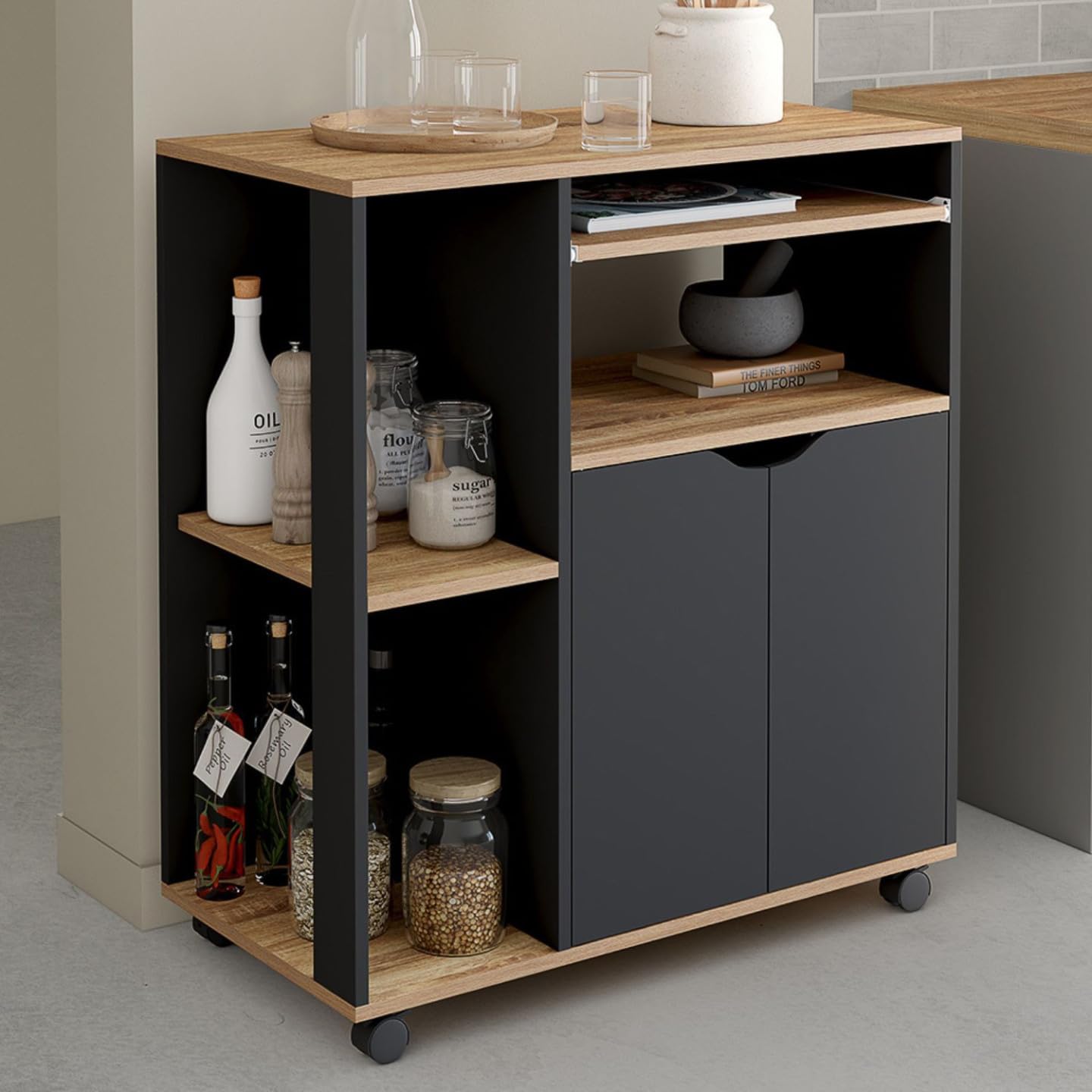 IDMarket - Desserte de cuisine COSI bois noir et plateaux façon hêtre L.76 CM