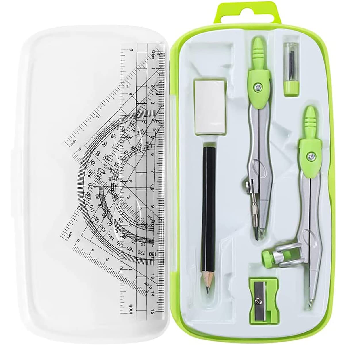 Minta10 Piece Mathematical Geometry Kit Set, Ruler and Compass Set, Safe and Durable, Comes with Defender Box, Include Ruler, Protractor, Eraser, Compass, Pencil, etc, for School, Drawing (Green)