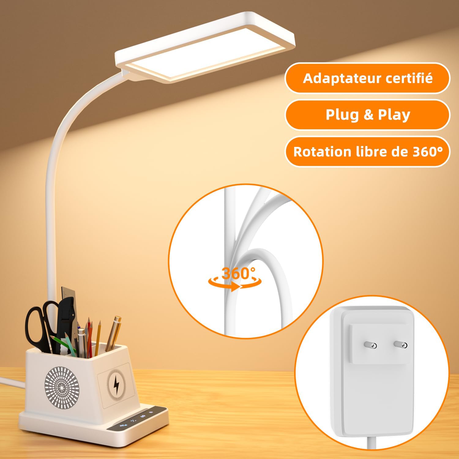 Lampe de Bureau LED 15W avec Charge Sans Fil, Col de Cygne à 360°, Lampe de Chevet Dimmable, 3 Modes de Couleur, 4 Niveaux de Luminosité, pour Bureaux/Chambres à Coucher/Résidences étudiantes (Blanc)