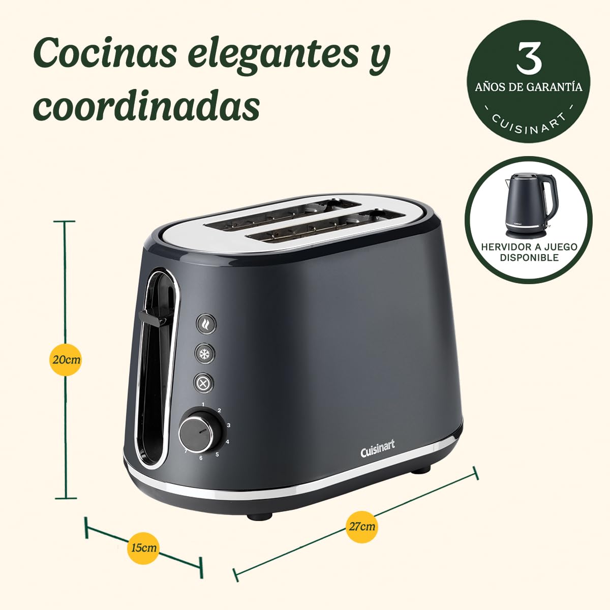 Cuisinart Tostadora de 2 rebanadas | Ranuras extra profundas, ideales para pan grueso y rosquillas | Palanca de elevación | 7 niveles de tostado más descongelación | Disponible hervidor a juego | Gris