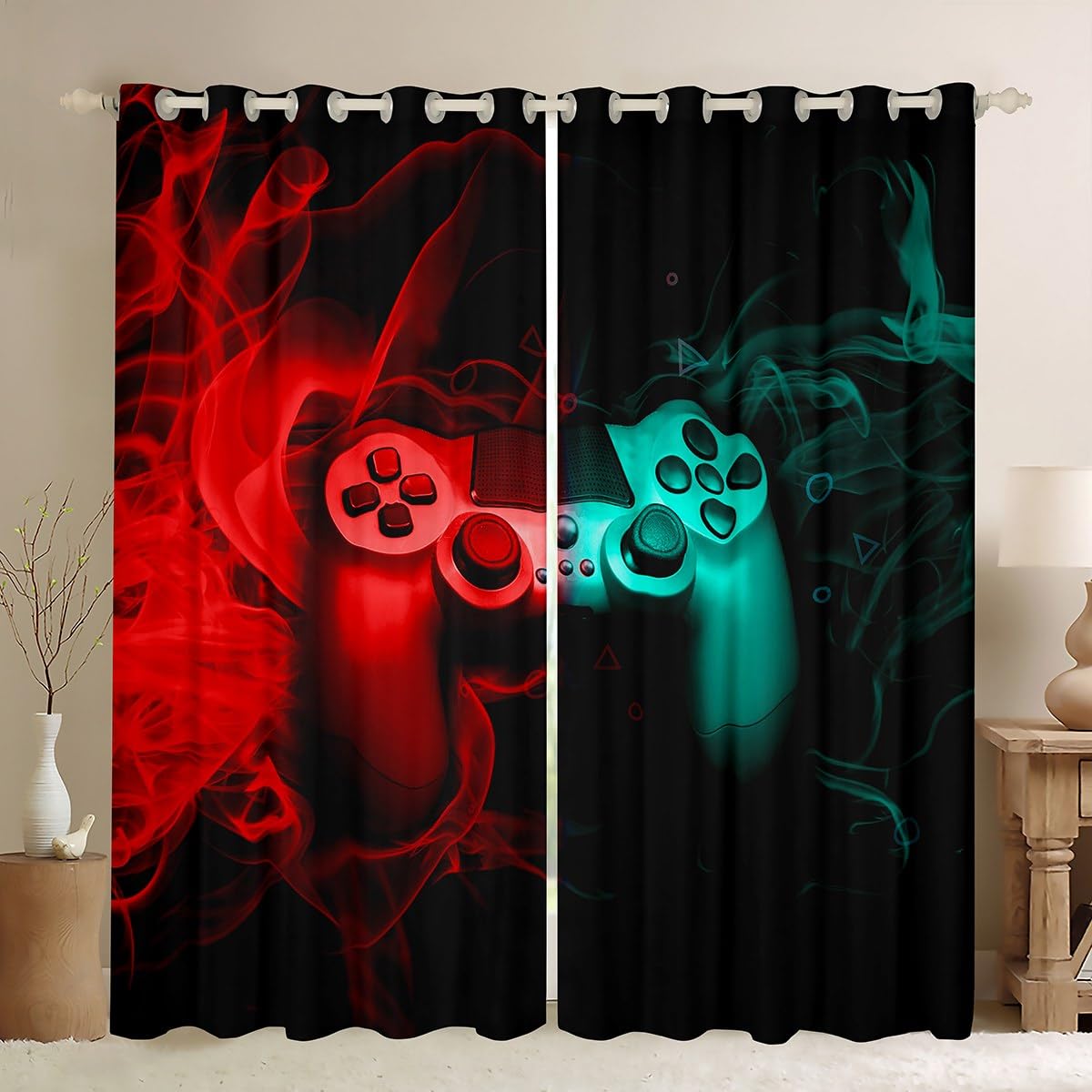 Tende per finestre, a tema gaming videogiochi, idea regalo, per bambini e ragazzi, motivo: astratto con cubo pixel, con occhielli, decorazione rossa nera verde per stanze e dormitori, 167,6 x 228,6