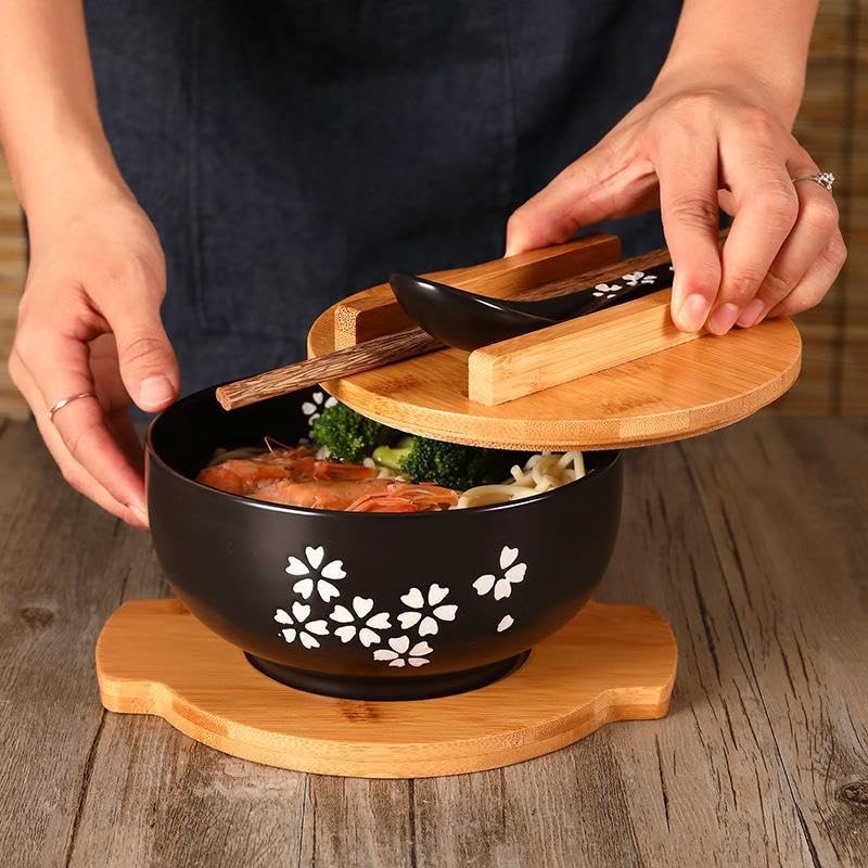 lachineuse, Large Porcelain Ramen Bowl, Soup & Noodles, Black ⌀ 16 cm, Japanese Zen Style, Capacity 1000 ml, Spoon - Image 4