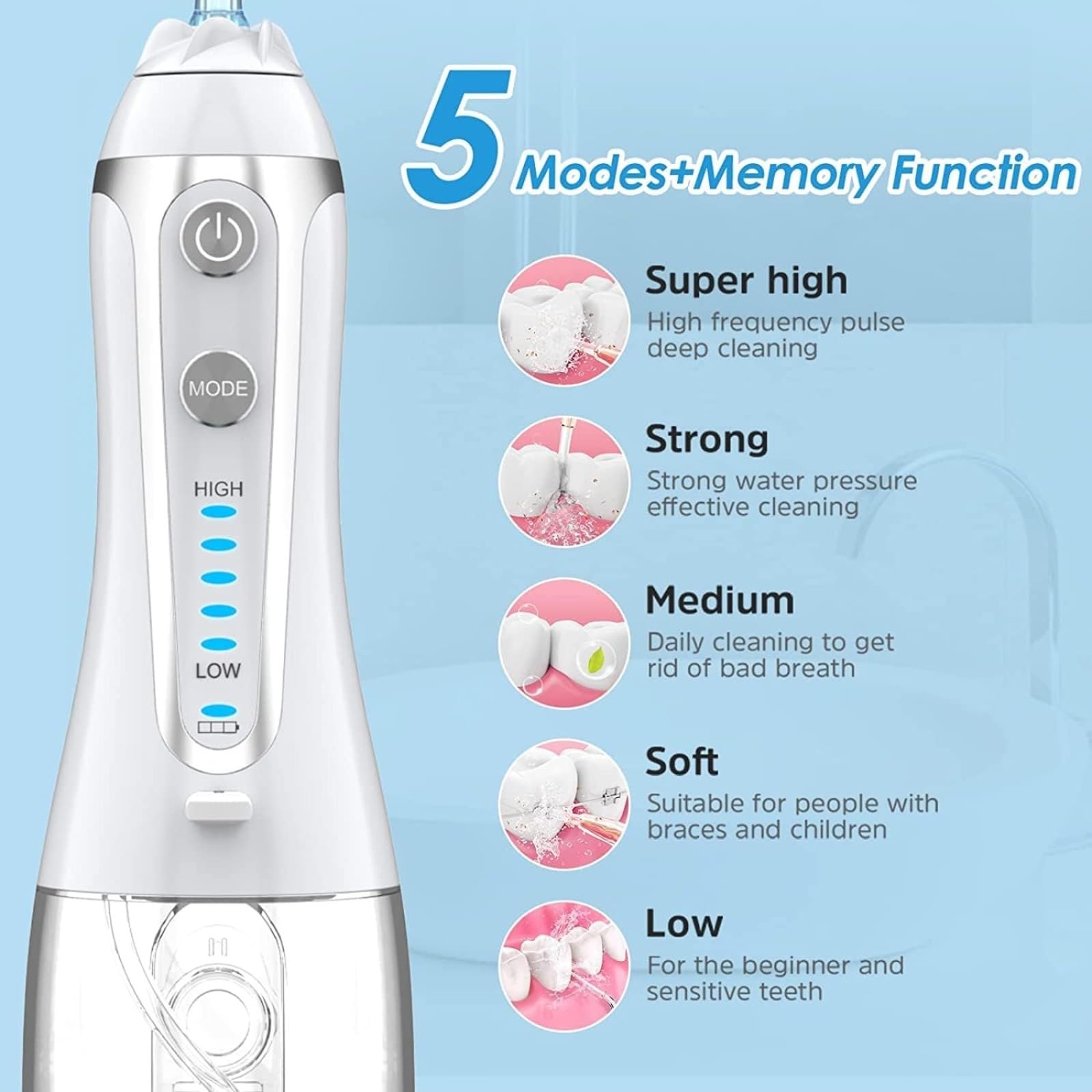 Hidropulsor eléctrico portátil, irrigador oral inalámbrico portátil de 300 ml, carga USB, 5 boquillas, 5 modos de pulso, sellado IPX7, un clic para renovar la salud bucal