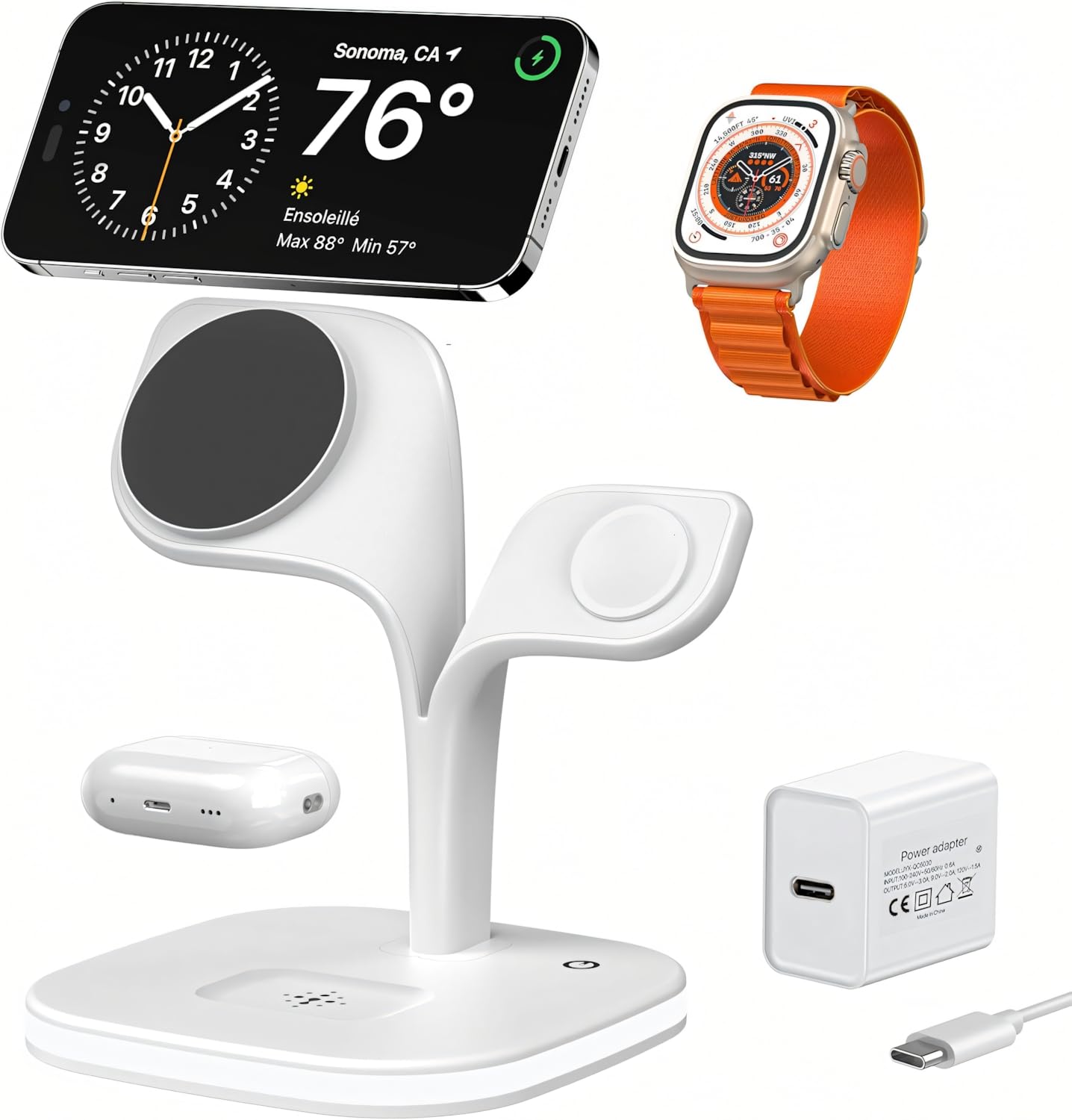 EXW Mag-Safe Chargeur Induction, Magnétique 3 en 1 Station de Charge pour Apple avec Lampe, Chargeur sans Fil Rapide pour iPhone 17 16 15 14 13 12 Pro Max/Plus/Air, Apple Watch, pour AirPods-Blanc