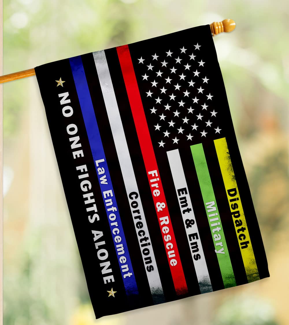 Bandera de casa con texto en inglés "No One Fights Alone House", servicio de las fuerzas armadas, todas las ramas, apoyan honor, oficial de veteranos militares estadounidenses, pancarta pequeña para