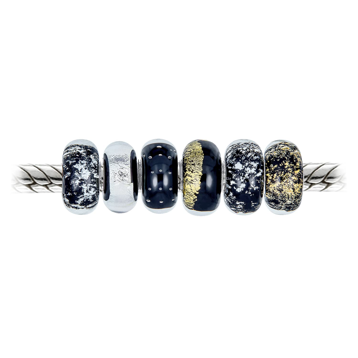 Set Misto Di 6 Mazzetti D'Argento Sterling 925 Core Translucent Shades Of White Black Spray Specs Gold And Silver Foil Murano Glass Charm Bead Spacer Si Adatta Al Bracciale Europeo Per Donne Teen