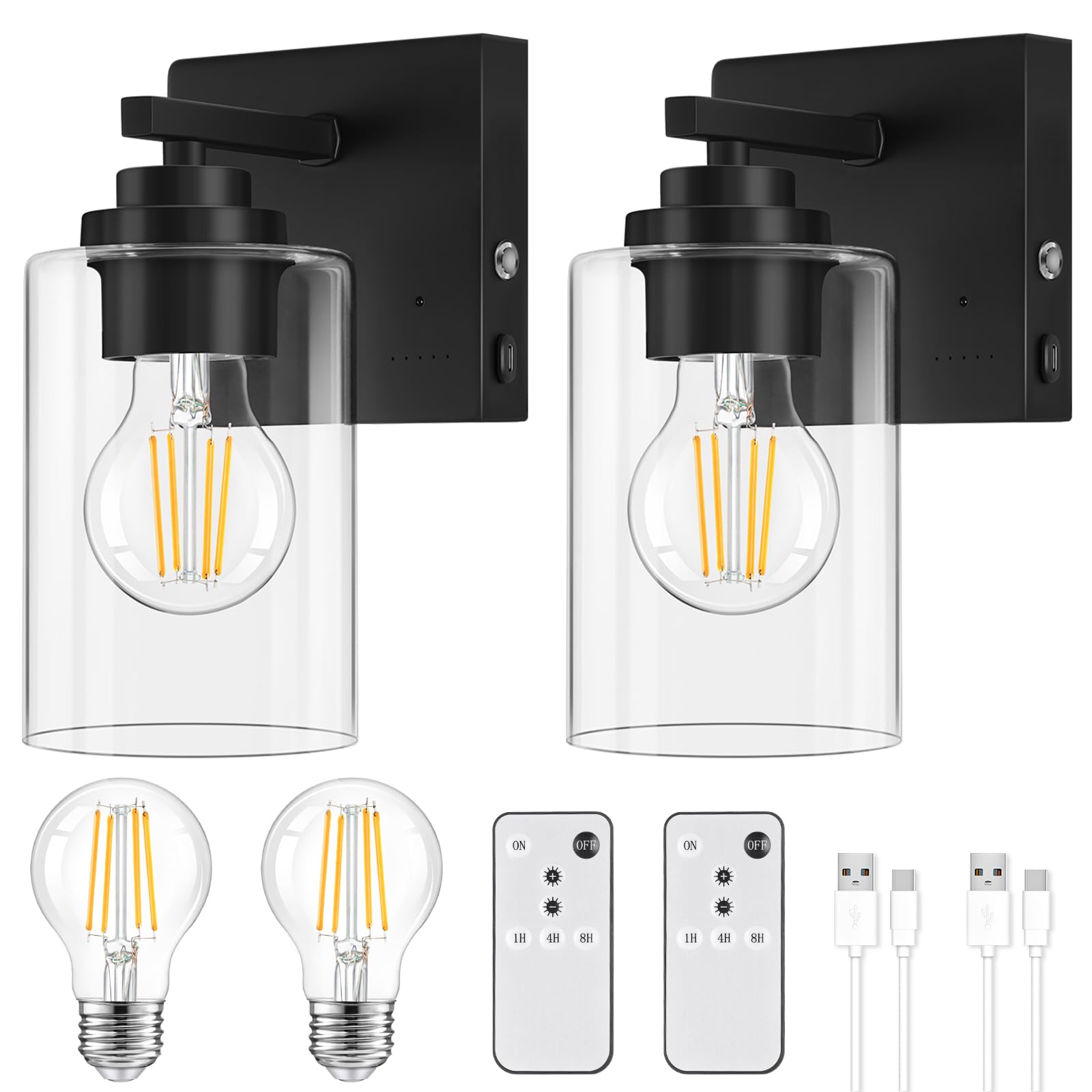 Photo 1 of 10000mAh Battery Operated Wall Sconce Set of 2 with Remote, Wireless Dimmable Rechargeable Wall Lights with Timer, LED Bulbs Included, Clear Glass Shades, Modern Black Battery Sconces for Living Room