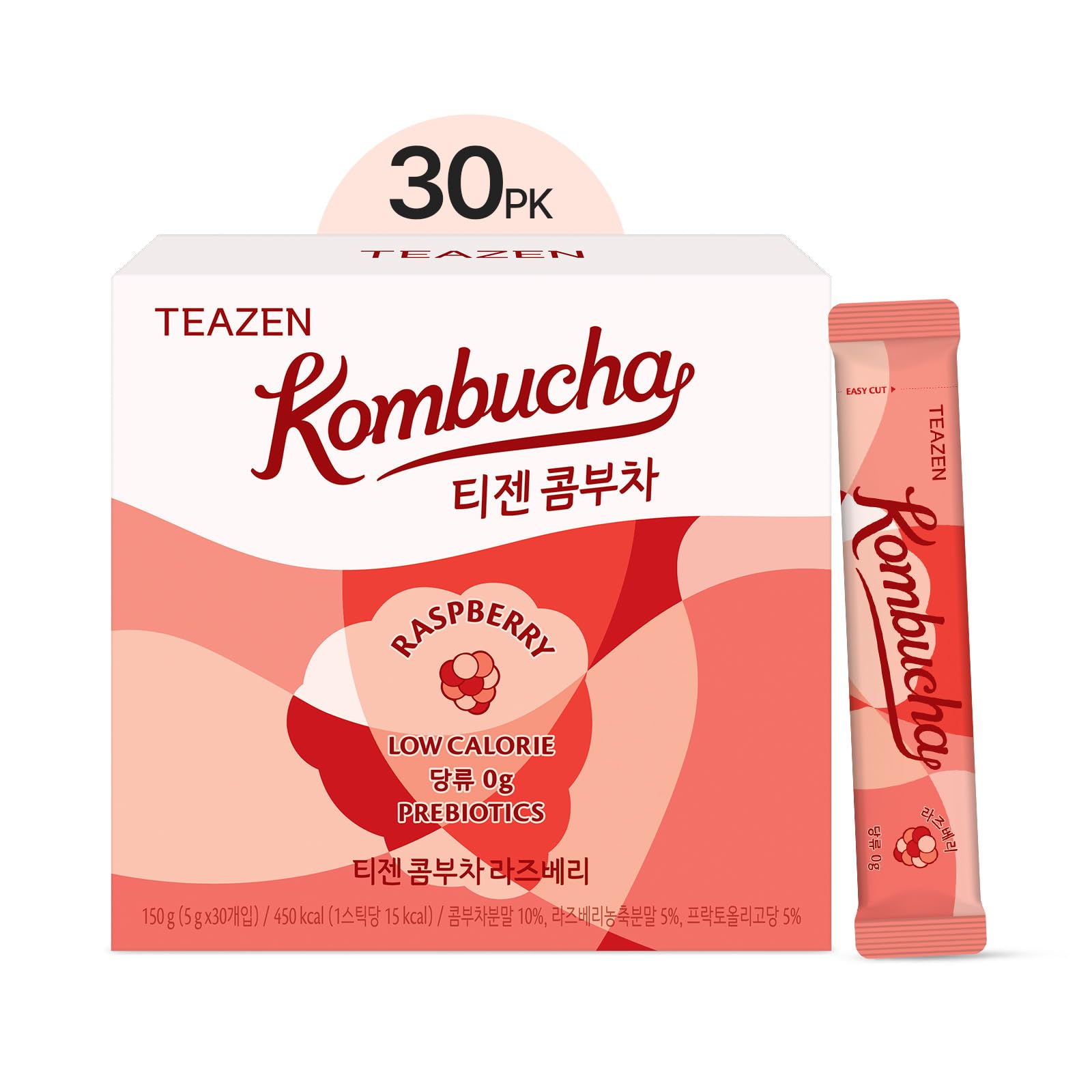 TEAZEN Raspberry Kombucha Tea, Hydration Drink Mix, Sugar Free, Live Probiotics & Prebiotics, 30 Sticks, 5.29oz