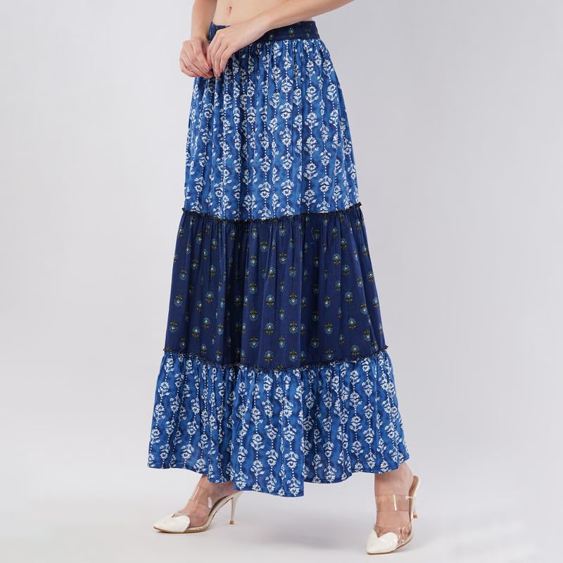 Rabhika Women’s Light Blue Pure Cotton Tiered Maxi Skirt, Elegant Ethnic Wear, Comfortable Long Skirt for Summer| 2XL 3